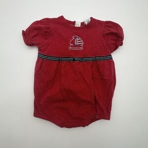 Healthtex Romper Girls 12-18M Red Polka Dot Knit Embroidered Crest One Piece